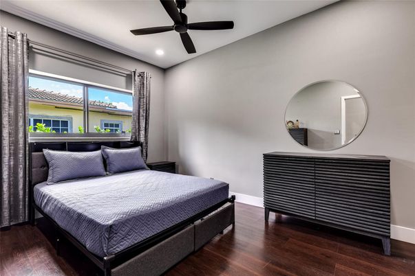 Bedroom, Interior, Recessed Lighting, Wood Texture Flooring