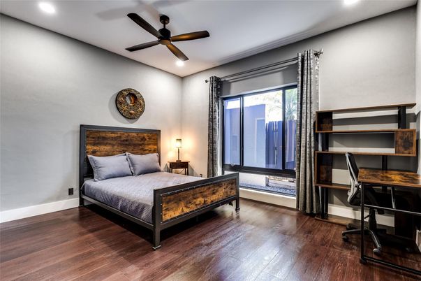 Bedroom, Interior, Recessed Lighting, Wood Texture Flooring