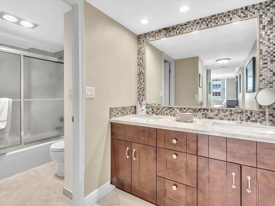 Bathroom, Dual Sink Vanities, Glass Shower, Interior, Recessed Lighting