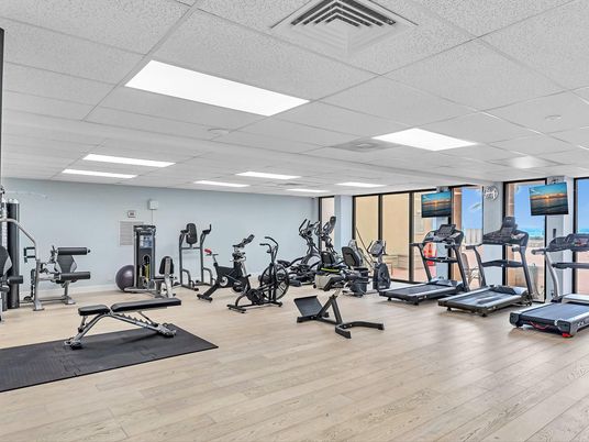 Fitness Equipment, Gym, Interior, Recessed Lighting, Wood Texture Flooring