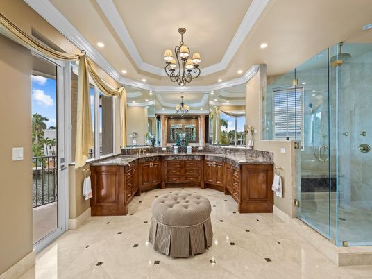 Bathroom, Chandelier, Glass Shower, Interior, Recessed Lighting