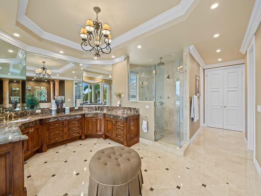Bathroom, Chandelier, Dual Sink Vanities, Glass Shower, Interior, Recessed Lighting