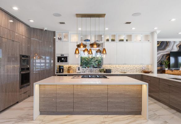 Interior, Kitchen, Marble, Pendant Lights, Recessed Lighting, Stainless Steel Appliances