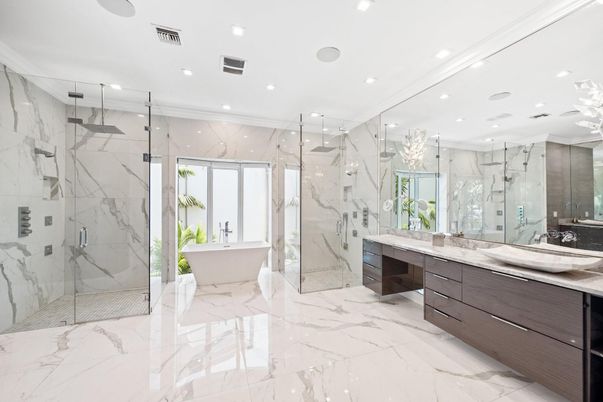Bathroom, Dual Sink Vanities, Free Standing Baths, Glass Shower, Interior, Marble, Marble Walls, Recessed Lighting