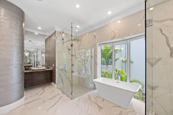 Bathroom, Free Standing Baths, Glass Shower, Interior, Marble, Marble Walls, Recessed Lighting