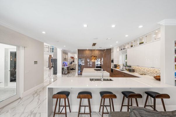 Interior, Kitchen, Marble, Pendant Lights, Recessed Lighting, Stainless Steel Appliances