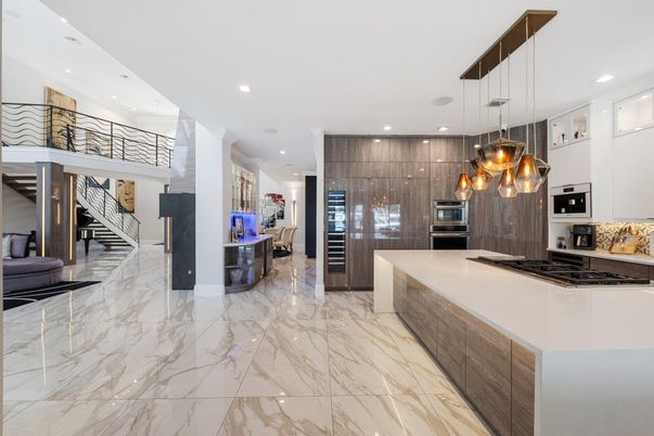 Interior, Kitchen, Marble, Pendant Lights, Recessed Lighting, Stainless Steel Appliances