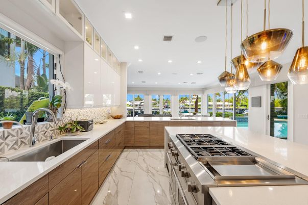 Interior, Kitchen, Marble, Pendant Lights, Recessed Lighting, Stainless Steel Appliances