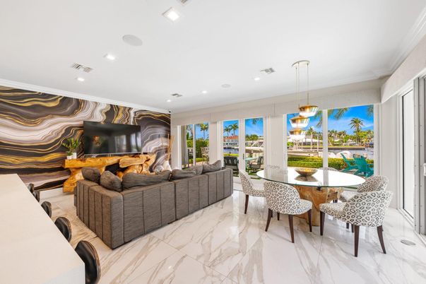 Dining room, Interior, Living room, Marble, Pendant Lights, Recessed Lighting