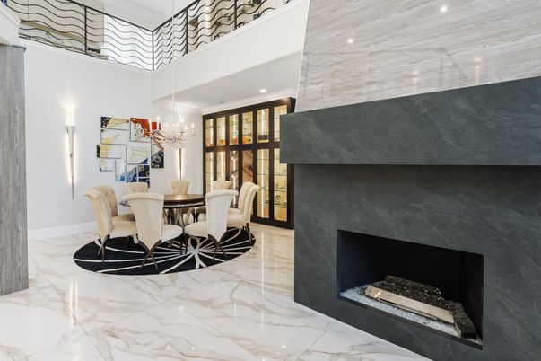 Chandelier, Dining room, Fireplace, Interior, Marble, Recessed Lighting