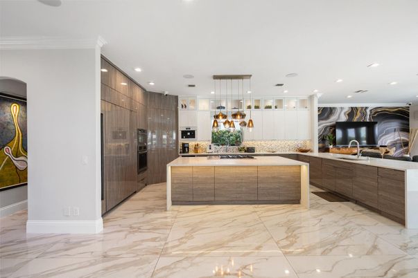 Interior, Kitchen, Marble, Pendant Lights, Recessed Lighting, Stainless Steel Appliances