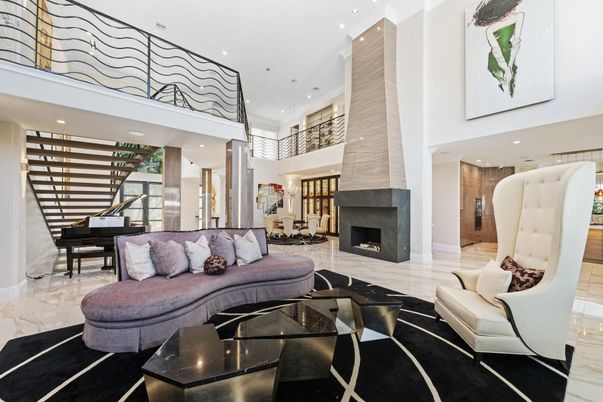 Fireplace, Interior, Living room, Marble, Piano, Recessed Lighting
