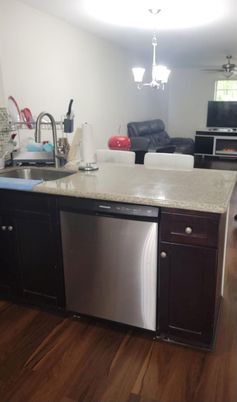 Chandelier, Interior, Kitchen, Living room, Stainless Steel Appliances, Wood Texture Flooring