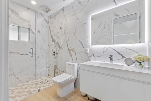 Bathroom, Glass Shower, Interior, Marble Walls, Recessed Lighting, Wood Texture Flooring