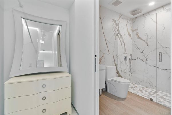 Bathroom, Interior, Marble Walls, Recessed Lighting, Wood Texture Flooring