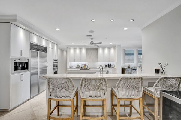 Interior, Kitchen, Marble, Marble Walls, Recessed Lighting, Stainless Steel Appliances