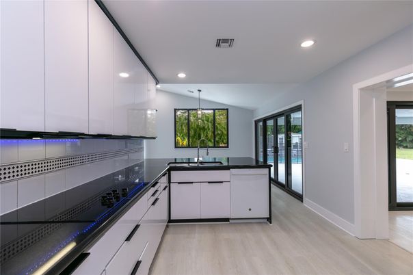 Interior, Kitchen, Recessed Lighting, Wood Texture Flooring