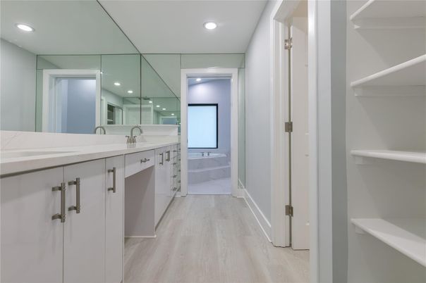 Bathroom, Dual Sink Vanities, Interior, Recessed Lighting, Wood Texture Flooring