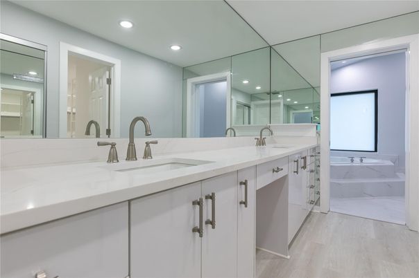 Bathroom, Dual Sink Vanities, Interior, Marble, Recessed Lighting, Wood Texture Flooring