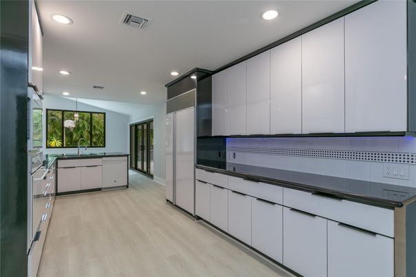 Interior, Kitchen, Recessed Lighting, Stainless Steel Appliances, Wood Texture Flooring