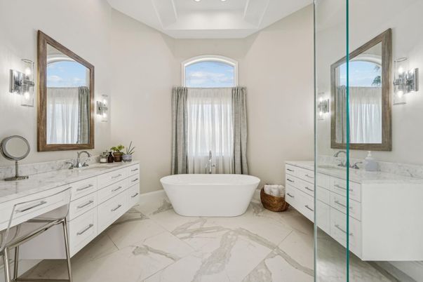 Bathroom, Dual Sink Vanities, Free Standing Baths, Interior, Marble, Recessed Lighting