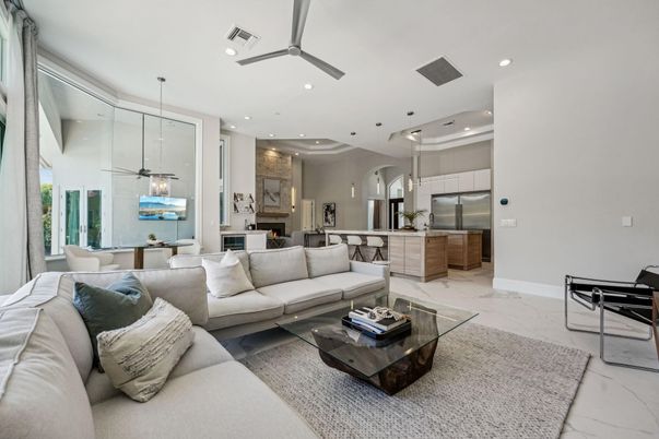 Dining room, Interior, Kitchen, Living room, Marble, Pendant Lights, Recessed Lighting, Stainless Steel Appliances
