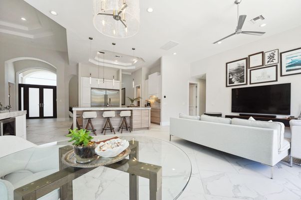 Interior, Kitchen, Living room, Marble, Pendant Lights, Recessed Lighting, Stainless Steel Appliances