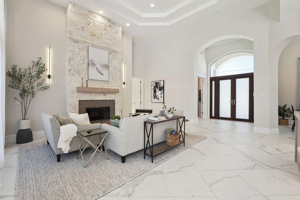 Fireplace, Interior, Living room, Marble, Recessed Lighting