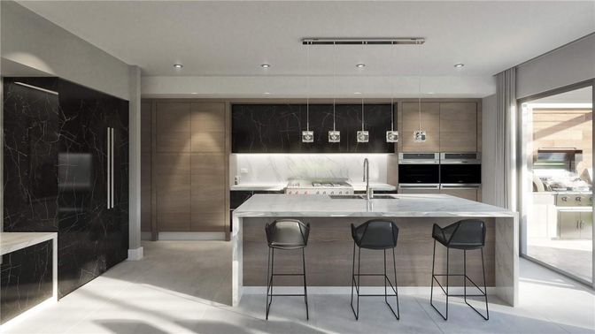 Interior, Kitchen, Marble Walls, Recessed Lighting, Stainless Steel Appliances