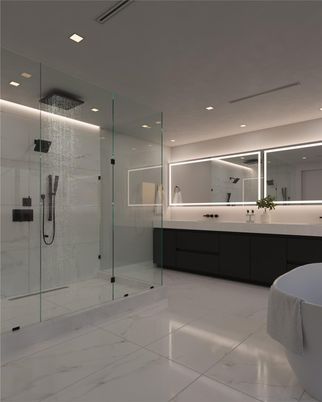 Bathroom, Dual Sink Vanities, Glass Shower, Interior, Marble, Recessed Lighting
