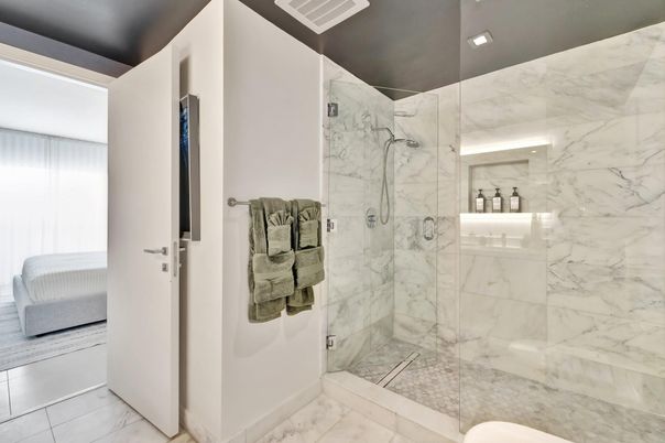 Bathroom, Glass Shower, Interior, Marble, Marble Walls, Recessed Lighting