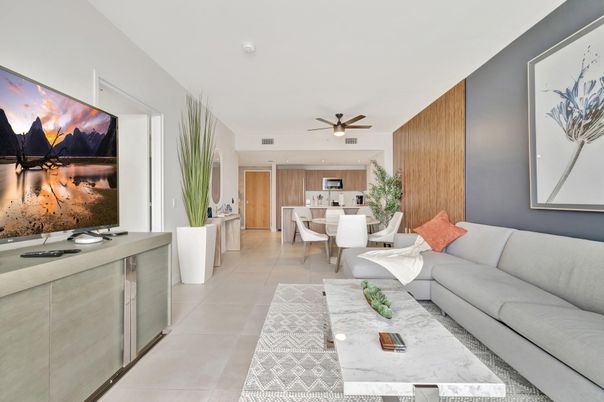 Dining room, Interior, Kitchen, Living room, Recessed Lighting, Wooden Walls