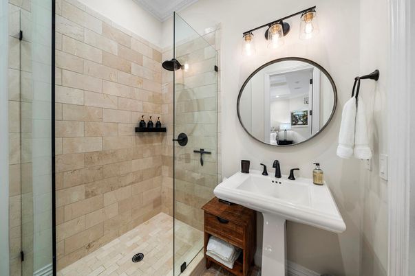 Bathroom, Glass Shower, Interior, Stone Walls
