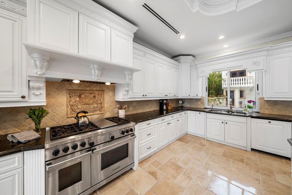 Interior, Kitchen, Recessed Lighting, Stainless Steel Appliances, Stone Walls
