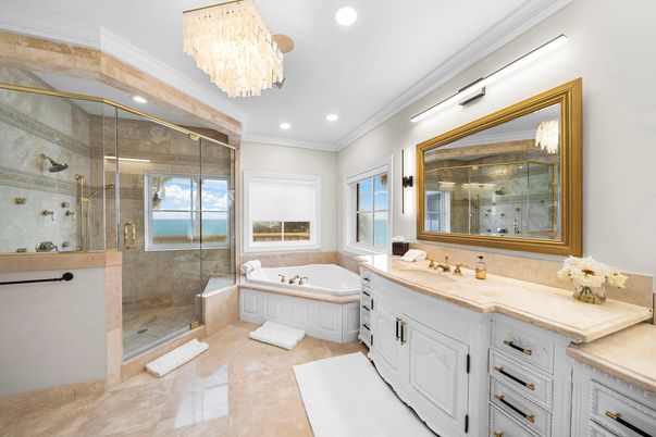 Bathroom, Chandelier, Glass Shower, Interior, Recessed Lighting, Water