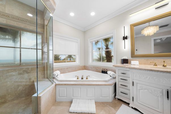 Bathroom, Chandelier, Glass Shower, Interior, Recessed Lighting