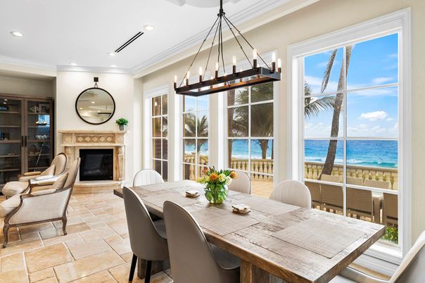 Dining room, Fireplace, Interior, Pendant Lights, Recessed Lighting, Water
