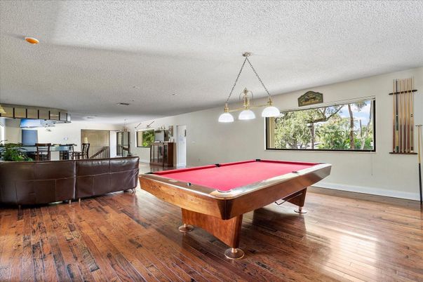 Billiard Table, Game Room, Interior, Pendant Lights, Wood Texture Flooring