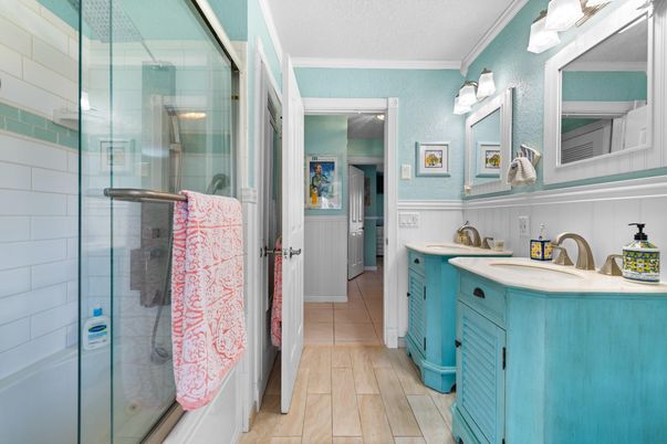 Bathroom, Glass Shower, Interior, Wood Texture Flooring