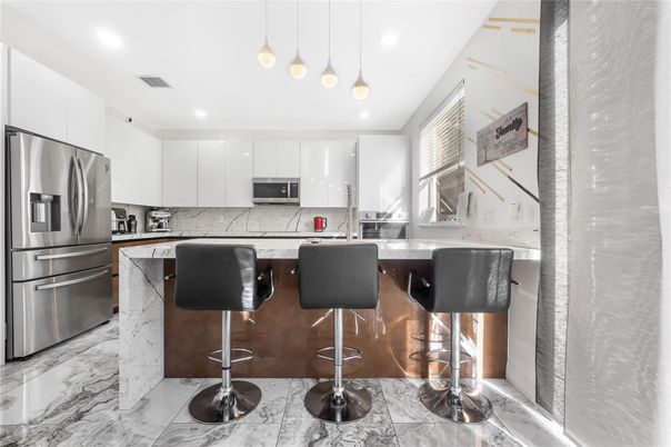 Interior, Kitchen, Marble, Pendant Lights, Recessed Lighting, Stainless Steel Appliances