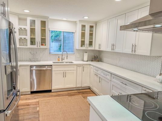 Interior, Kitchen, Recessed Lighting, Stainless Steel Appliances, Wood Texture Flooring