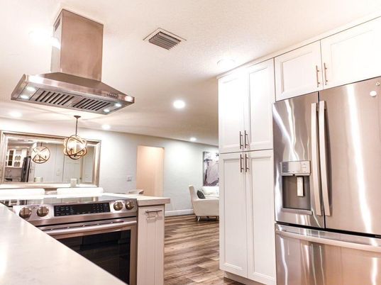 Interior, Kitchen, Pendant Lights, Recessed Lighting, Stainless Steel Appliances, Wood Texture Flooring