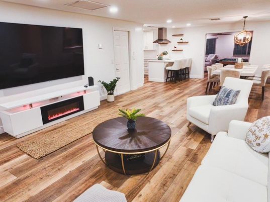 Dining room, Fireplace, Interior, Kitchen, Living room, Pendant Lights, Recessed Lighting, Wood Texture Flooring