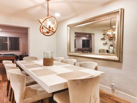 Billiard Table, Chandelier, Dining room, Game Room, Interior, Pendant Lights, Recessed Lighting, Wood Texture Flooring