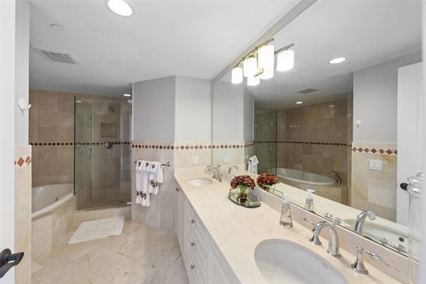 Bathroom, Dual Sink Vanities, Glass Shower, Interior, Recessed Lighting