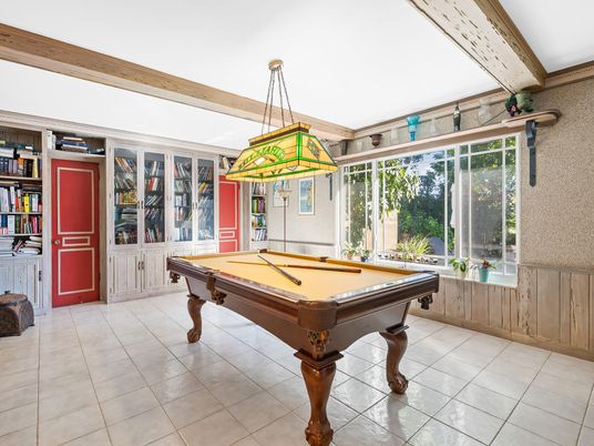 Billiard Table, Game Room, Interior, Pendant Lights, Wooden Beams