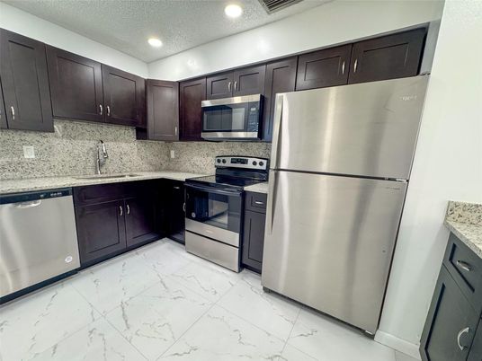 Interior, Kitchen, Marble, Recessed Lighting, Stainless Steel Appliances