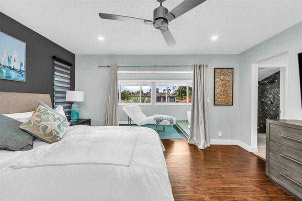 Bedroom, Interior, Recessed Lighting, Wood Texture Flooring