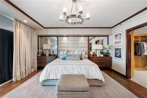 Bedroom, Chandelier, Interior, Recessed Lighting, Wood Texture Flooring
