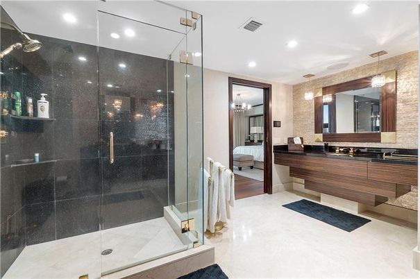 Bathroom, Bedroom, Glass Shower, Interior, Pendant Lights, Recessed Lighting, Wood Texture Flooring